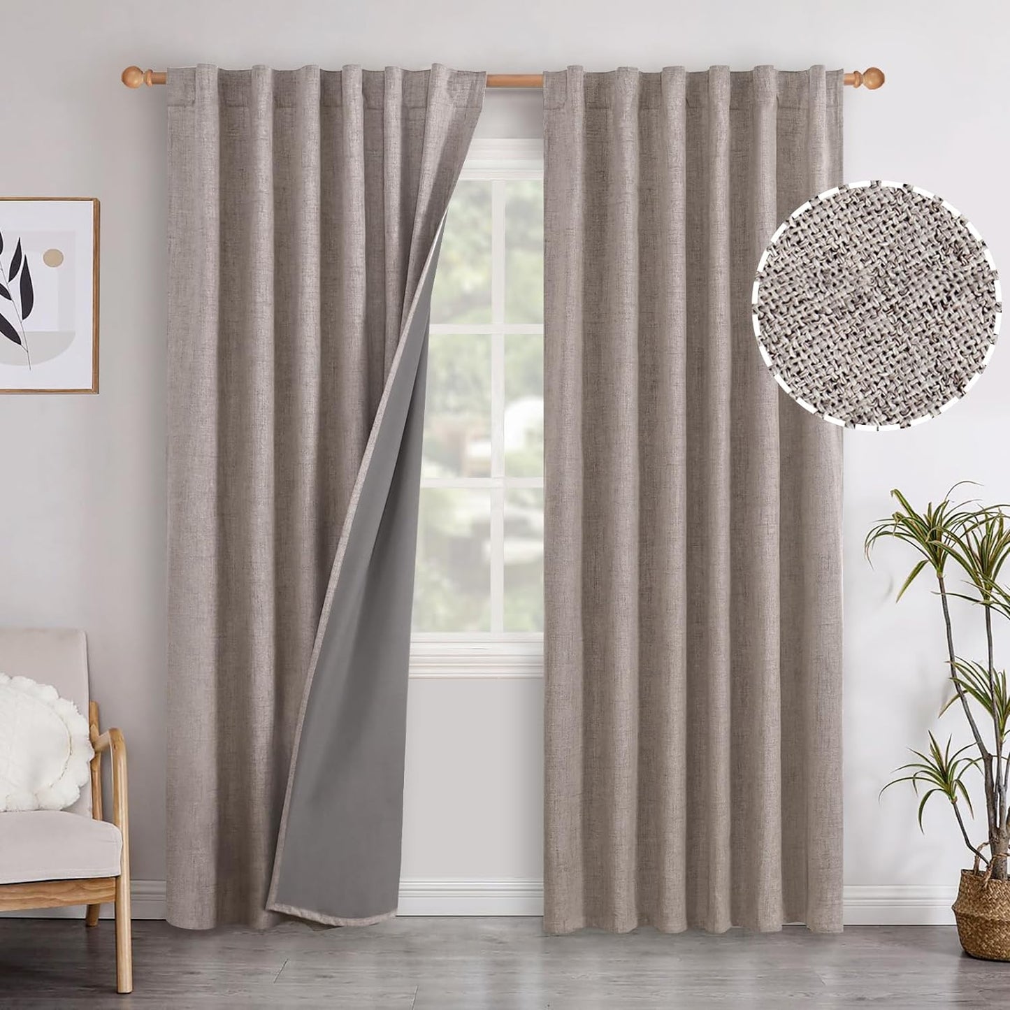 Youngstex Linen Blackout Curtains 63 Inch Length, Grommet Darkening Bedroom Curtains Burlap Linen Window Drapes Thermal Insulated for Basement Summer Heat, 2 Panels, 52 X 63 Inch, Beige  YoungsTex Back Tab/Burlap 52W X 95L 