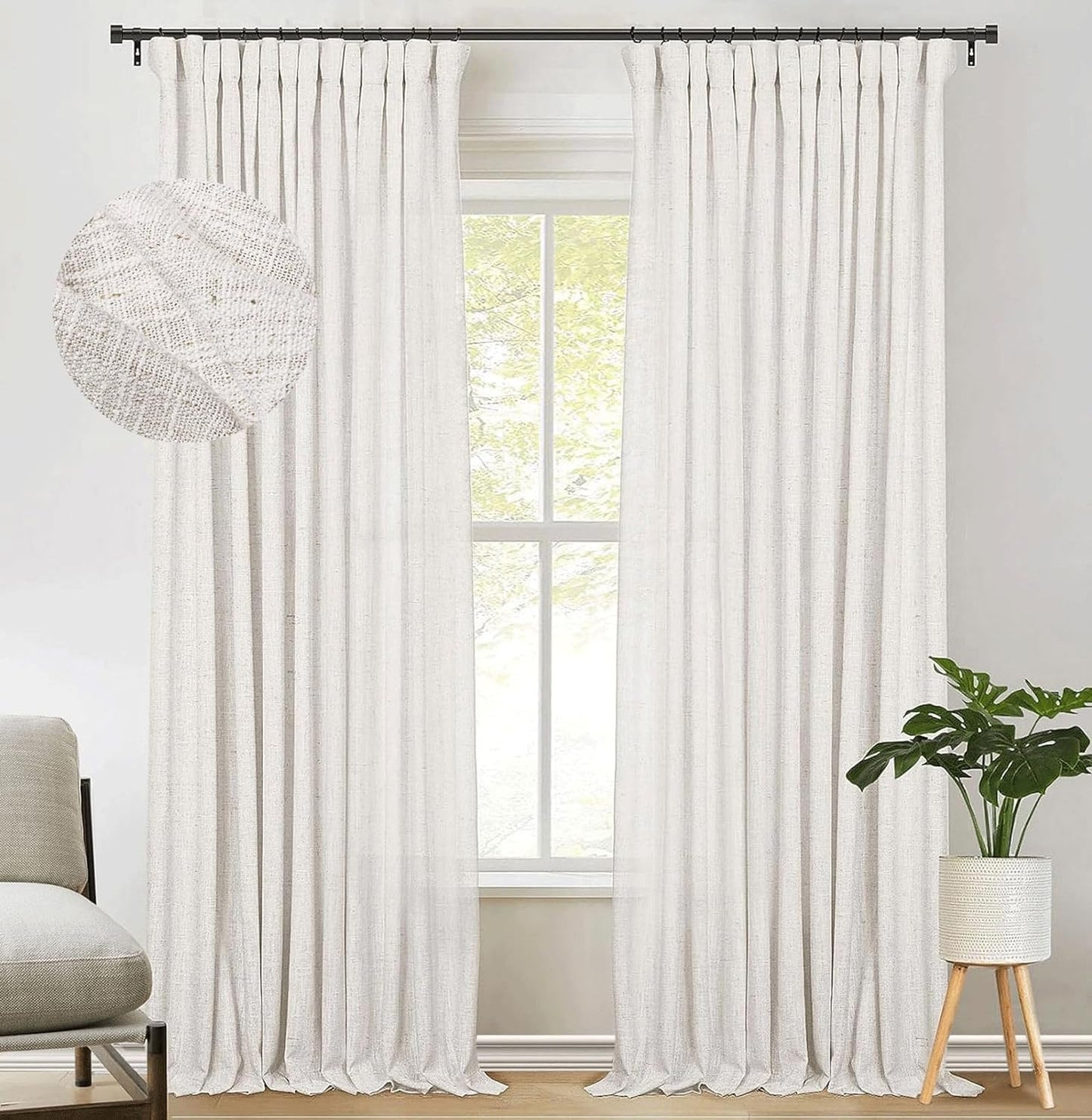 Zeerobee Beige White Linen Curtains for Living Room/Bedroom Linen Curtains 96 Inches Long 2 Panels Linen Drapes Farmhouse Pinch Pleated Curtains Light Filtering Privacy Curtains, W50 X L96  zeerobee 03 Linen 50"W X 90"L 