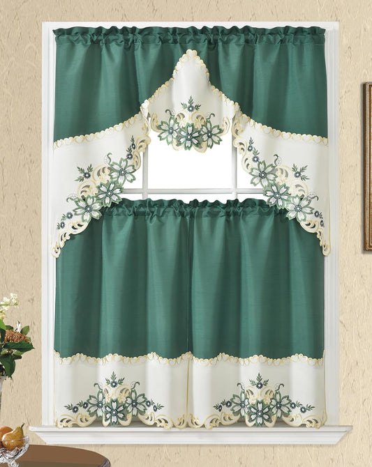 GOHD Arch Floral Kitchen Curtain Set/Swag Valance & Tier Set. Nice Matching Color Floral Embroidery on Border with Cutworks (Teal Green)