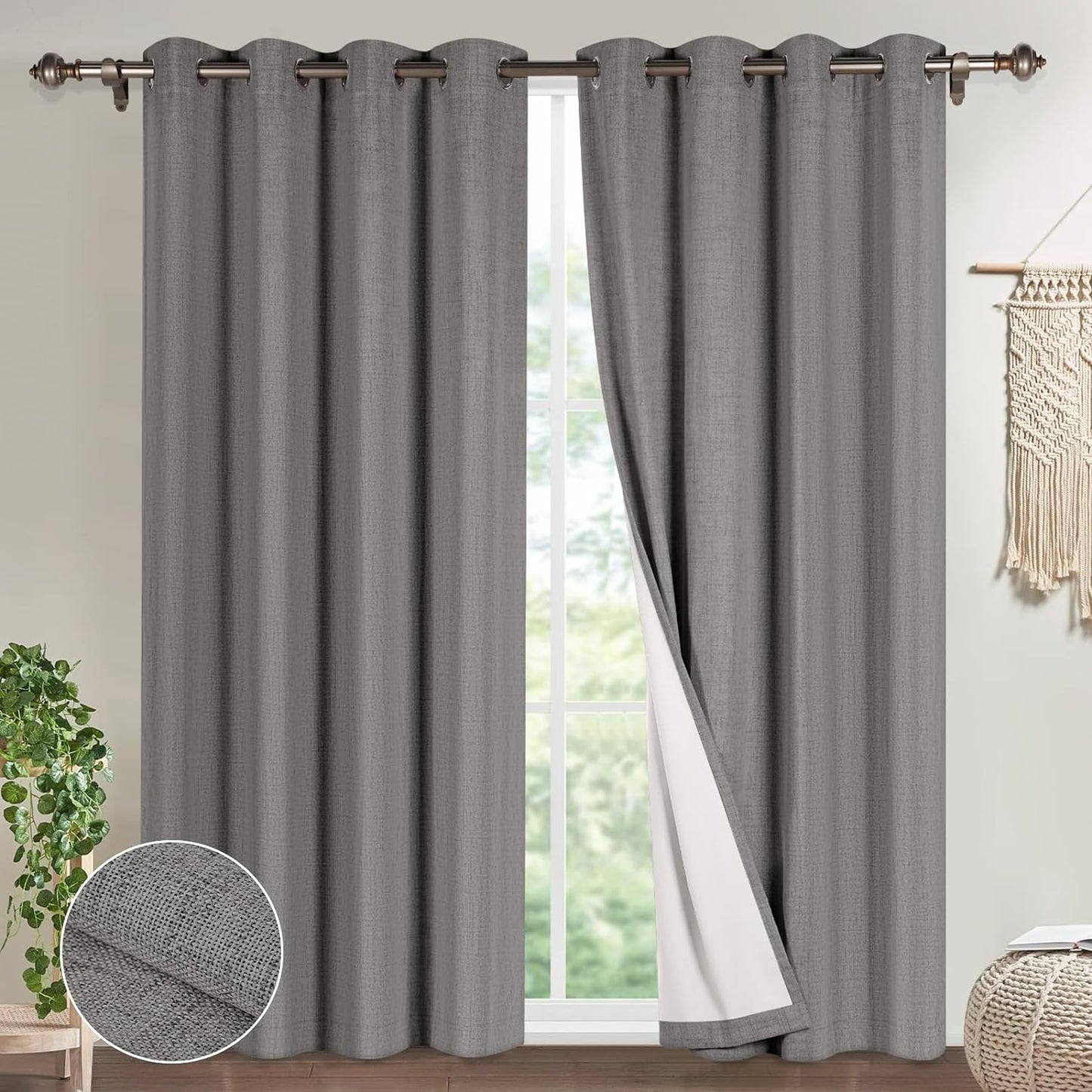 Timeles 100% Blackout Window Curtains 84 Inch Length for Living Room Textured Linen Curtains Sliver Grommet Pinch Pleated Room Darkening Curtain with White Liner/Ties(2 Panel W52 X L84, Ivory)  Timeles Grey W52" X L82" 