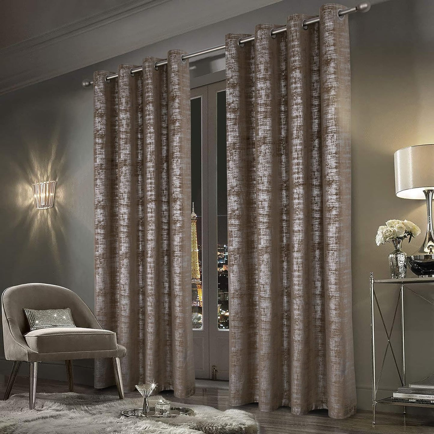 Always4U Soft Velvet Curtains 95 Inch Length Luxury Bedroom Curtains Gold Foil Print Window Curtains for Living Room 1 Panel White  always4u Mocha (Silver Print) 2 Panels: 52''W*95''L 