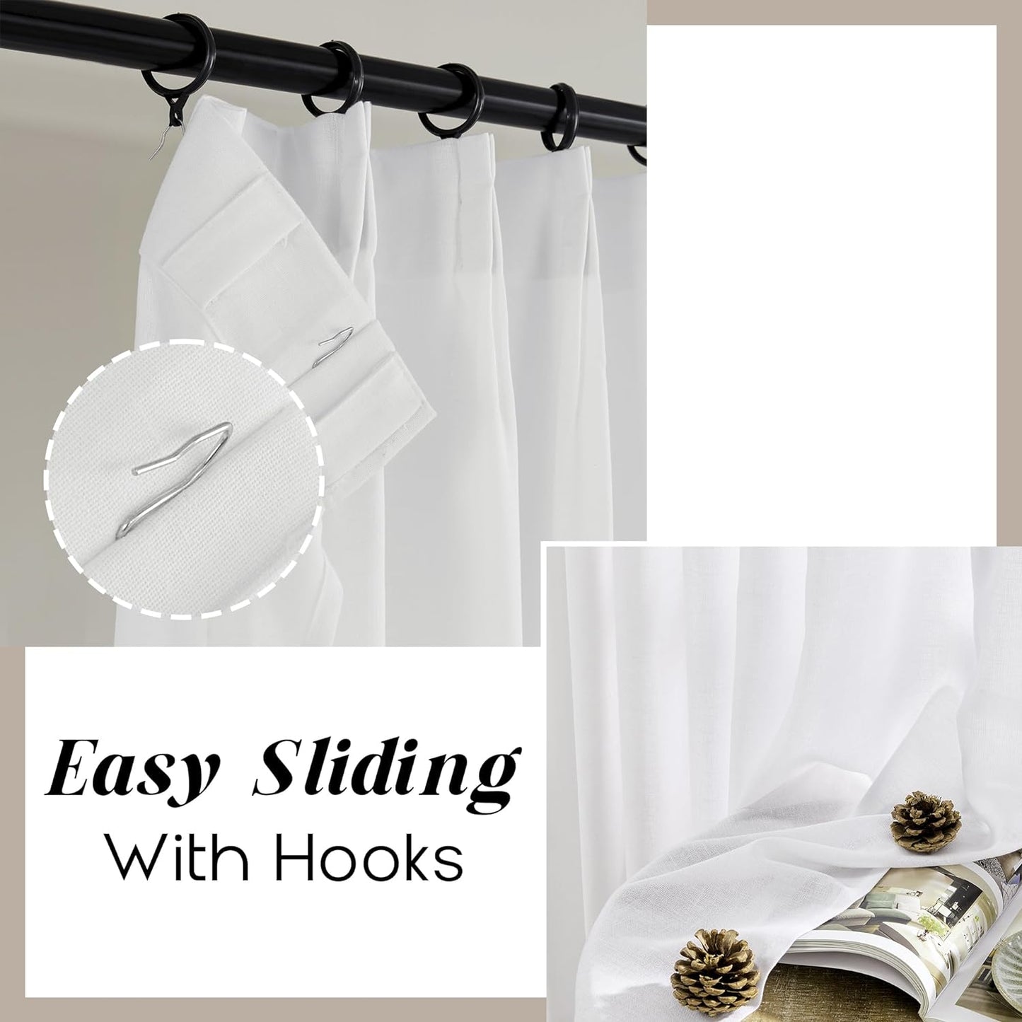 SHINELAND White Linen Curtains 84 Inches Long for Bedroom 2 Panels Set,Sheer Boho Pinch Pleated with Hooks Back Tab Window Sheers Draperies 84 Length for Dining Room Living Room Office at Home  SHINELAND   