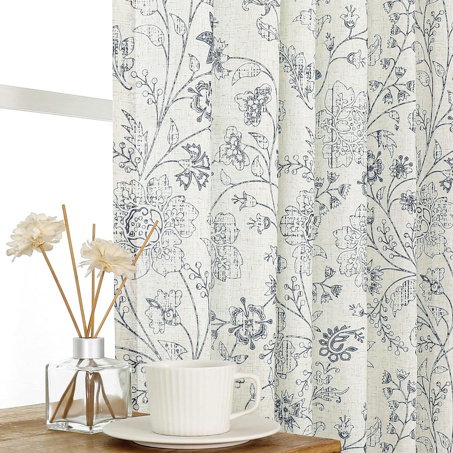 Vision Home Blue Floral Linen Curtains 84 Inch Farmhouse Botanical Print Light Filtering Window Curtains for Living Room Bedroom Rod Pocket Back Tab Navy Beige Semi Sheer Drapes 2 Panels 54" Wx84 L  Vision Home Blue 54"X95"X2 