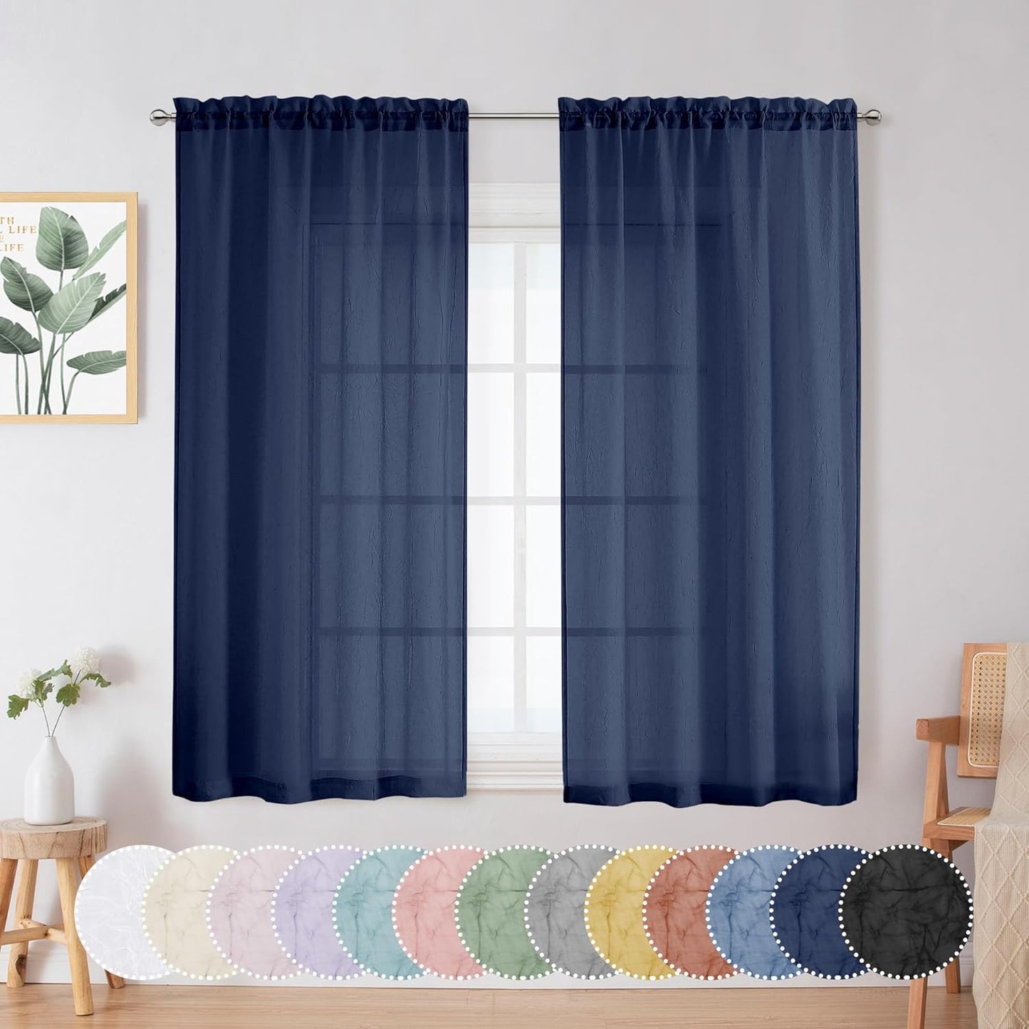 Chyhomenyc Crushed White Sheer Valances for Window 14 Inch Length 2 PCS, Crinkle Voile Short Kitchen Curtains with Dual Rod Pockets，Gauzy Bedroom Curtain Valance，Each 42Wx14L Inches  Chyhomenyc Navy Blue 28 W X 54 L 