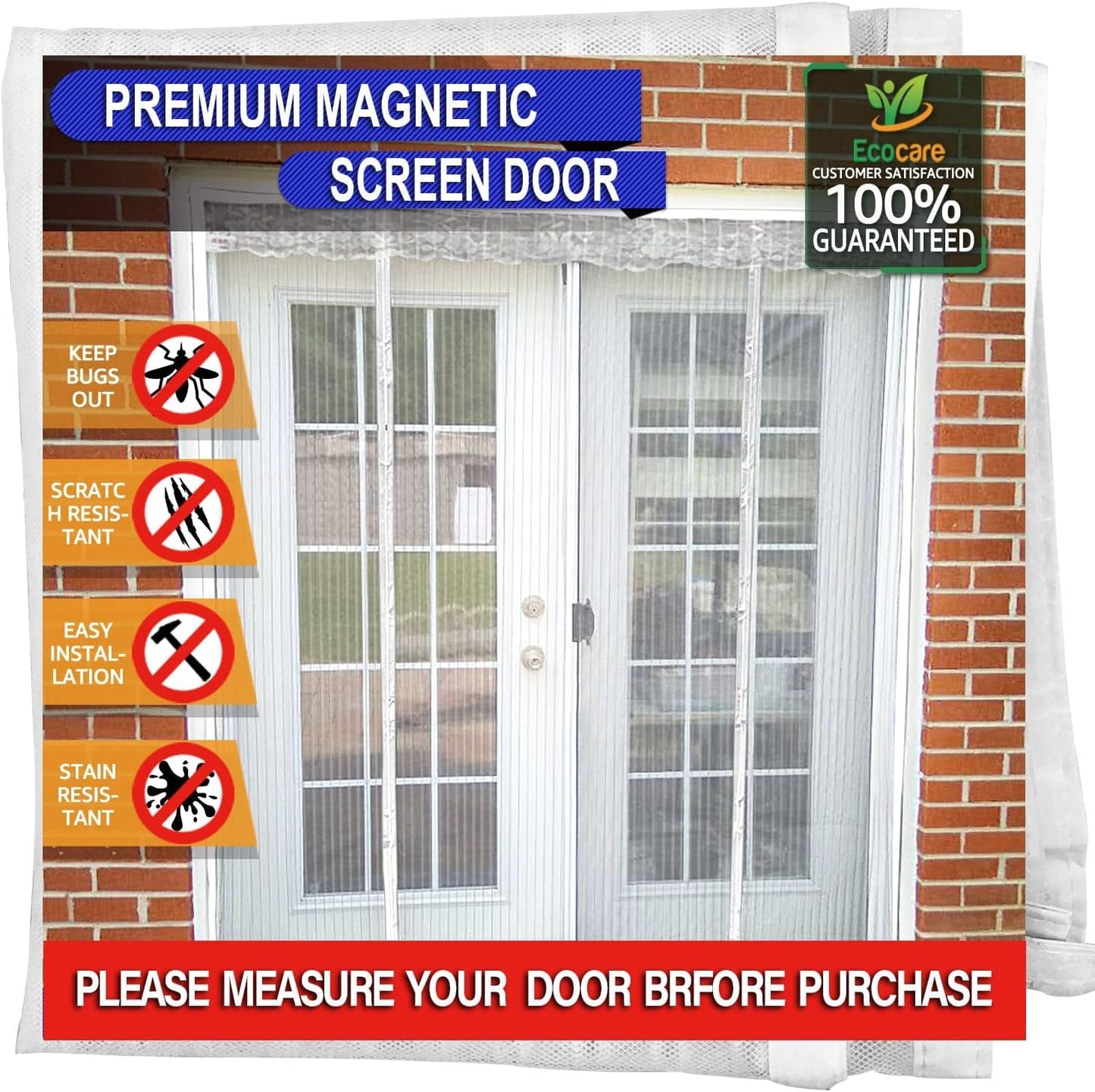 Thefitlife Double Door Magnetic Screen - Mesh Curtain with Full Frame Hook & Loop Powerful Magnets, Snap Shut Automatically for Patio, Sliding or Large Door, Black Fits Doors up to 72''X80'' Max  TheFitLife White Fits Doors Up To 72''X80'' Max  
