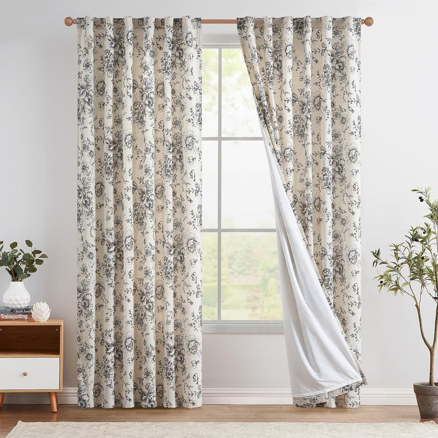 Jinchan Linen Curtains Floral Curtains for Living Room 84 Inch Length Black Printed Curtains Rod Pocket Back Tab Farmhouse Peony Flower Patterned Drapes Bedroom Window Curtain Set 2 Panels  CKNY HOME FASHION Lined Flower Black 50"W X 90"L 
