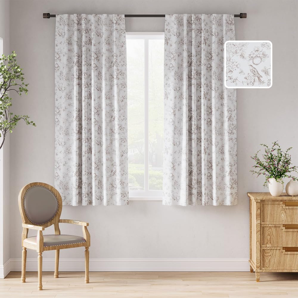 Jinchan 100% Blackout Floral Curtains 63 Inch Length, Printed Flower Grey Blackout Curtains for Bedroom Rod Pocket Back Tab Full Blackout Curtains Thermal Insulated Window Drapes, 2 Panels Gray  CKNY HOME FASHION Taupe W52 X L63 