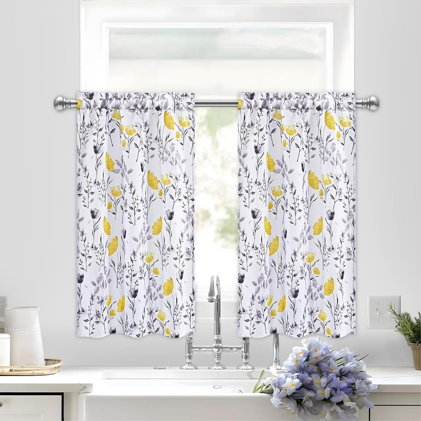 Likiyol Floral Kithchen Curtains 36 Inch Watercolor Flower Leaves Tier Curtains, Yellow and Gray Floral Cafe Curtains, Rod Pocket Small Window Curtain for Cafe Bathroom Bedroom Drapes  Likiyol   