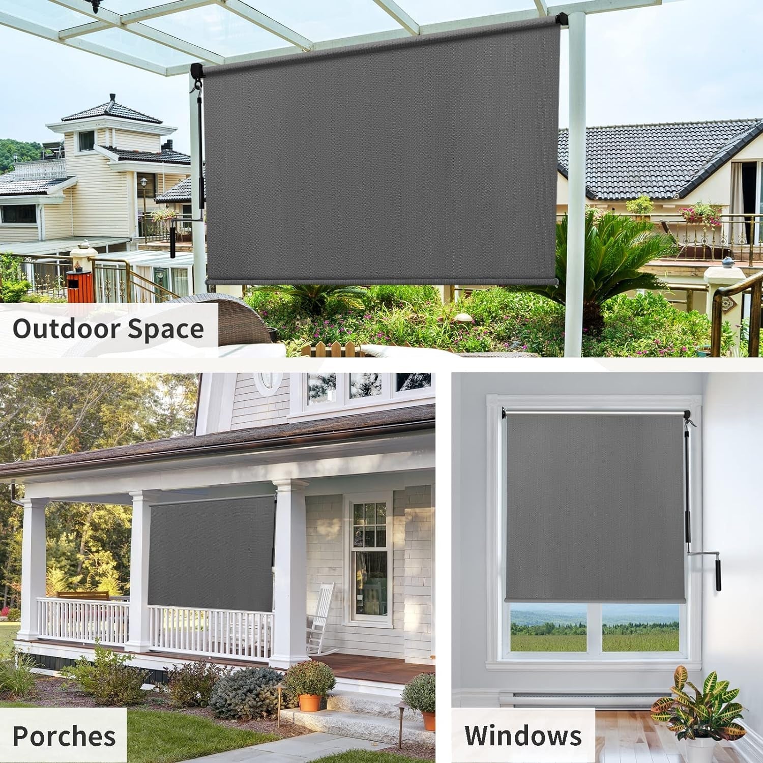 Amagenix Outdoor Roller Shades 6'(W) X 8'(H), Exterior Cordless Patio Shades Roll up Outdoor Blinds for Porch Gazebo, Gray