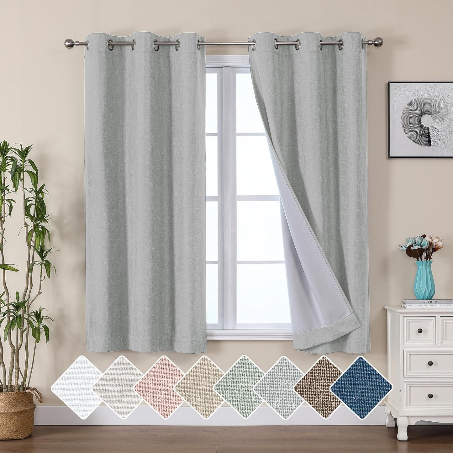 Jenny Ivory Beige Textured Linen 100% Blackout Curtains 63 Inch Length 2 Panels, Energy Saving Window Treatment Heavy Curtain Drapes for Bedroom/Living Room, Burlap Fabric Curtains, 38W  Simplebrand Grey 38"W X 54"L 