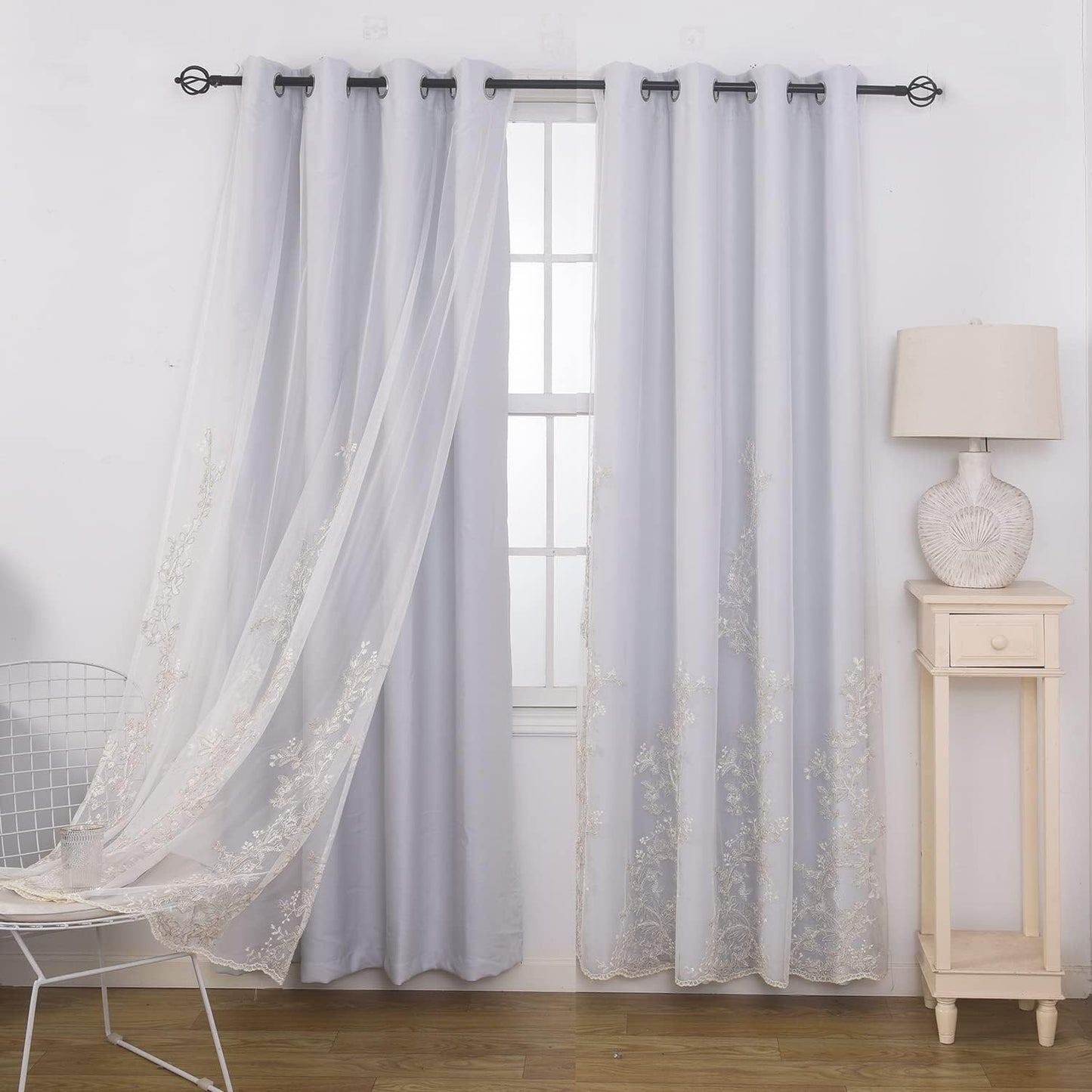GYROHOME Double Layered Curtains with Embroidered White Sheer Tulle, Mix and Match Curtains Room Darkening Grommet Top Thermal Insulated Drapes,2Panels,52X84Inch,Beige  GYROHOME Greyish White 52Wx63Lx2 