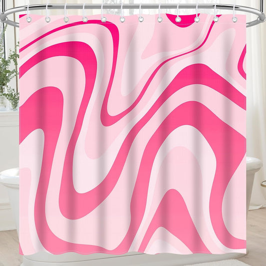 Nidoul Pink Shower Curtain for Bathroom Cute Wavy Swirl 70S Abstract Retro Vintage Preppy Aesthetic Fabric Waterproof Bathroom Shower Curtains Set with Hooks 72X72 Inch