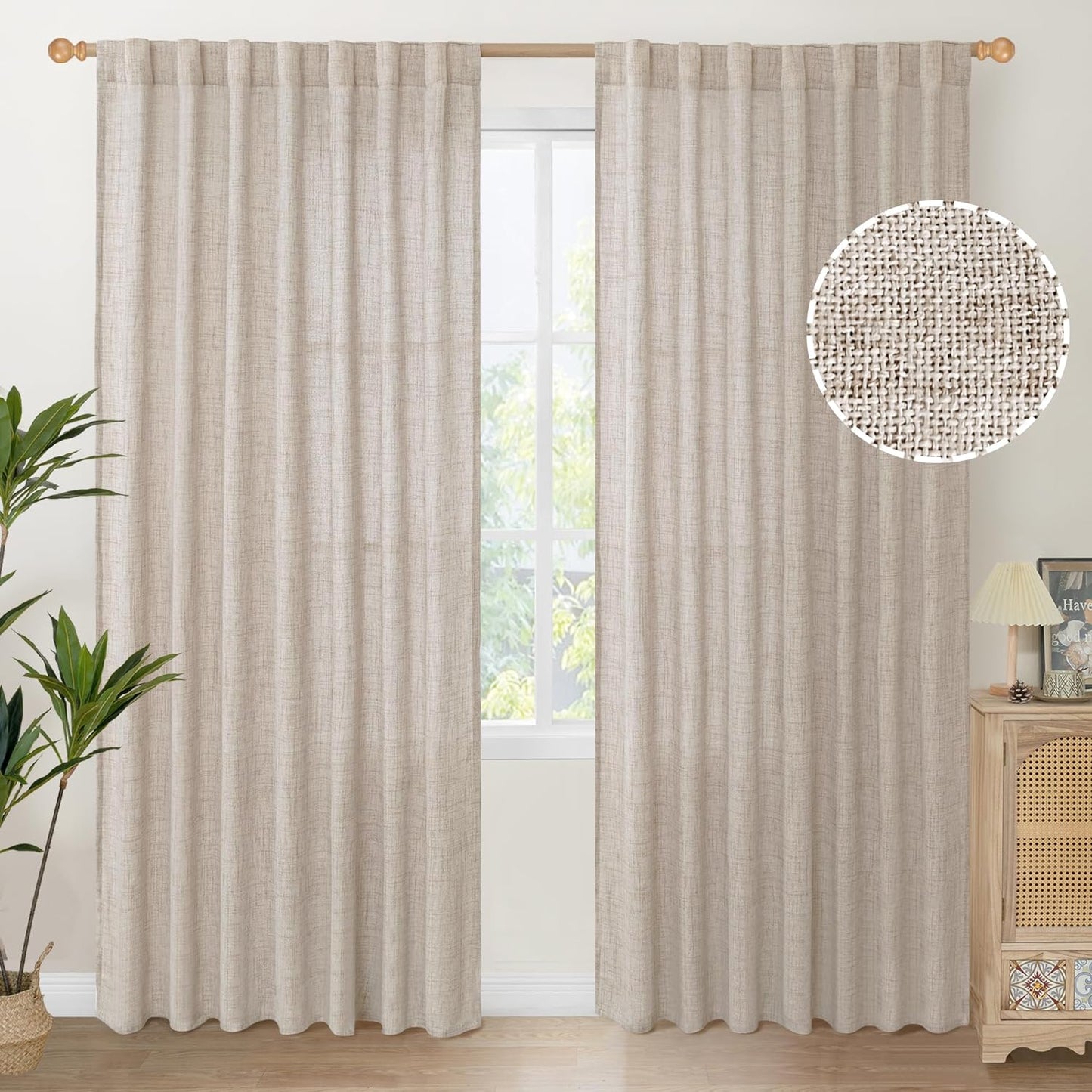 Youngstex Natural Linen Curtains 72 Inch Length 2 Panels for Living Room Light Filtering Textured Window Drapes for Bedroom Dining Office Back Tab Rod Pocket, 52 X 72 Inch  YoungsTex Natural 60W X 84L 