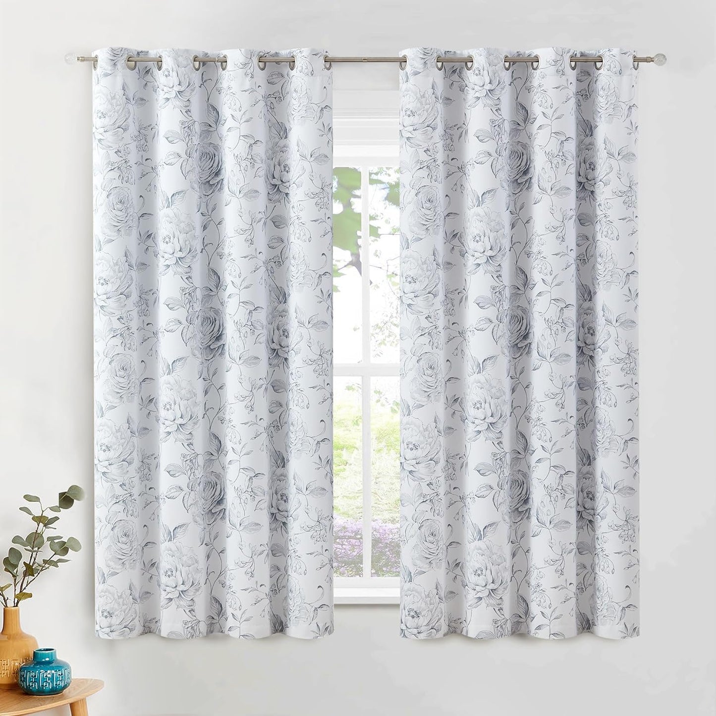 Beauoop Full Blackout Window Curtain Panels Floral Botanical Print Room Darkening Thermal Insulated Drapes Rose Grommet Window Treatment for Bedroom Theatre Office, 52 X 63 Inch, White/Blue, 2 Panels  Beauoop Grey 50"X63"X2 