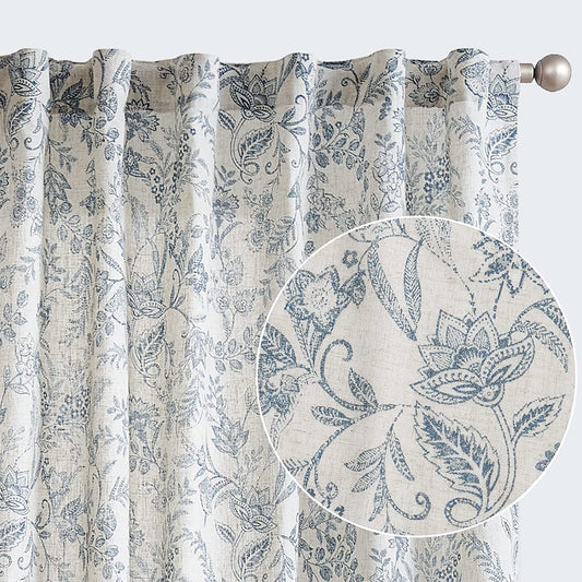 Vangao Blue Floral Linen Curtains for Living Room 84 Inches Long Farmhouse Curtains for Bedroom Vintage Print on Beige Light Filtering Window Drapes Back Tab Rod Pocket 2 Panels  Vangao Floral | Blue Back Tab W50 X L84 