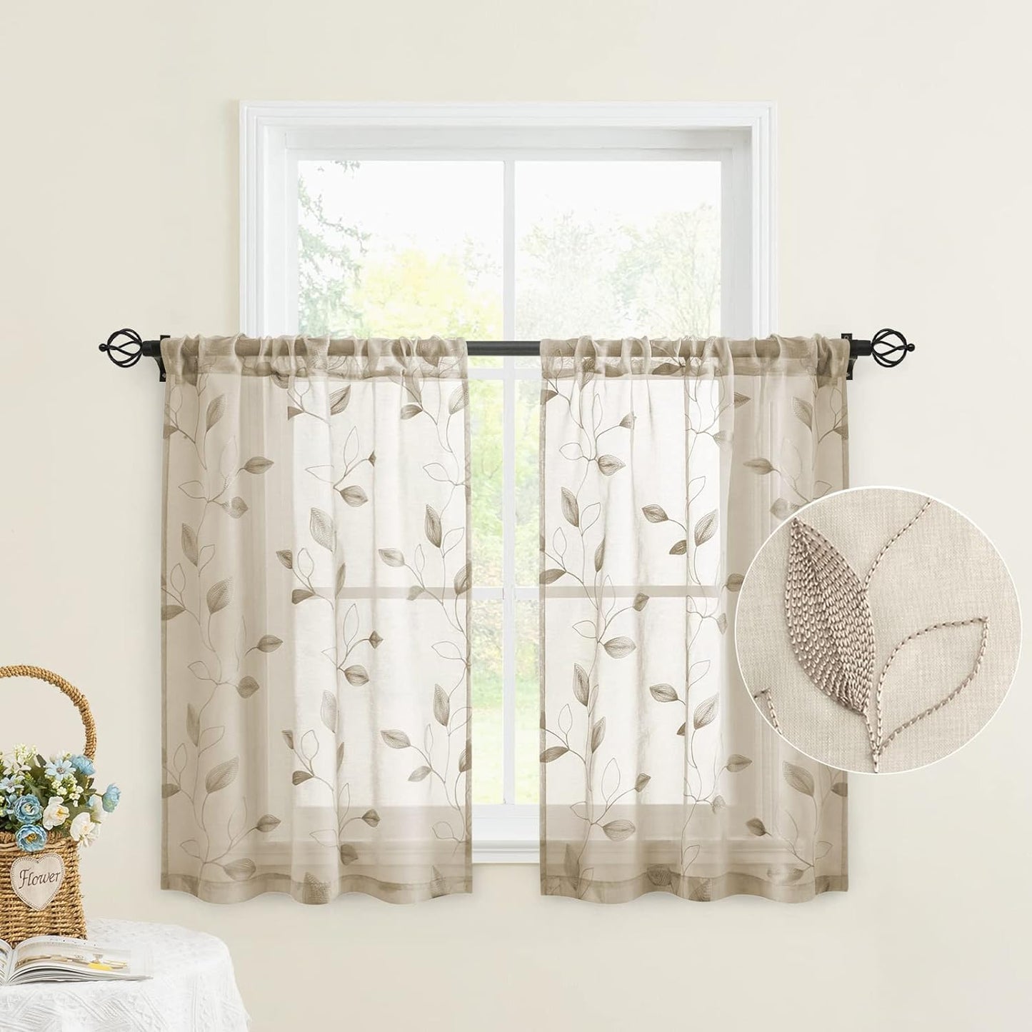 HOMEIDEAS Sage Green Sheer Curtains 52 X 63 Inches Length 2 Panels Embroidered Leaf Pattern Pocket Faux Linen Floral Semi Sheer Voile Window Curtains/Drapes for Bedroom Living Room  HOMEIDEAS 2-Taupe/Beige W30" X L36" 