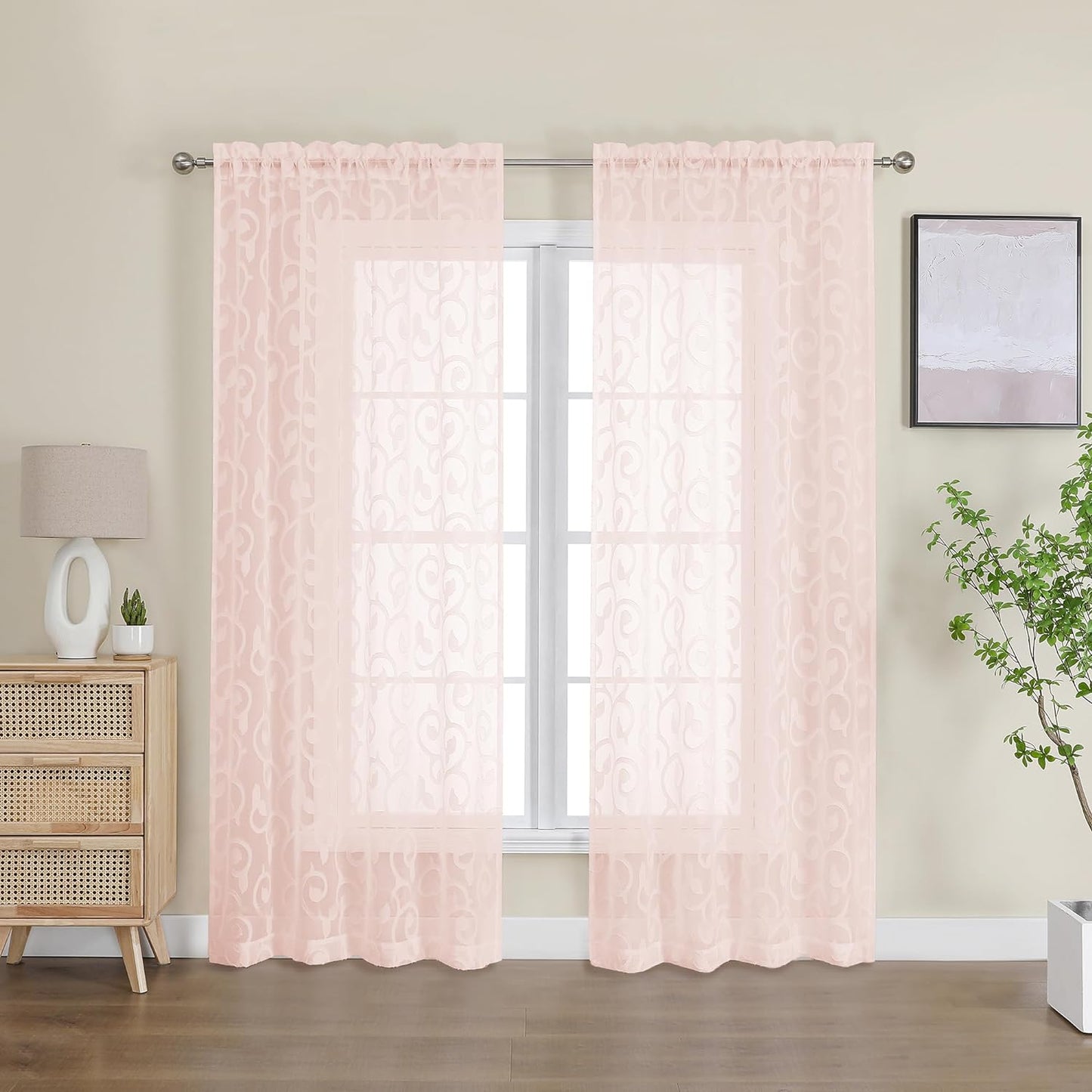 OWENIE Furman Sheer Curtains 84 Inches Long for Bedroom Living Room 2 Panels Set, Light Filtering Window Curtains, Semi Transparent Voile Top Dual Rod Pocket, Grey, 40Wx84L Inch, Total 84 Inches Width  OWENIE Blush 40W X 72L 