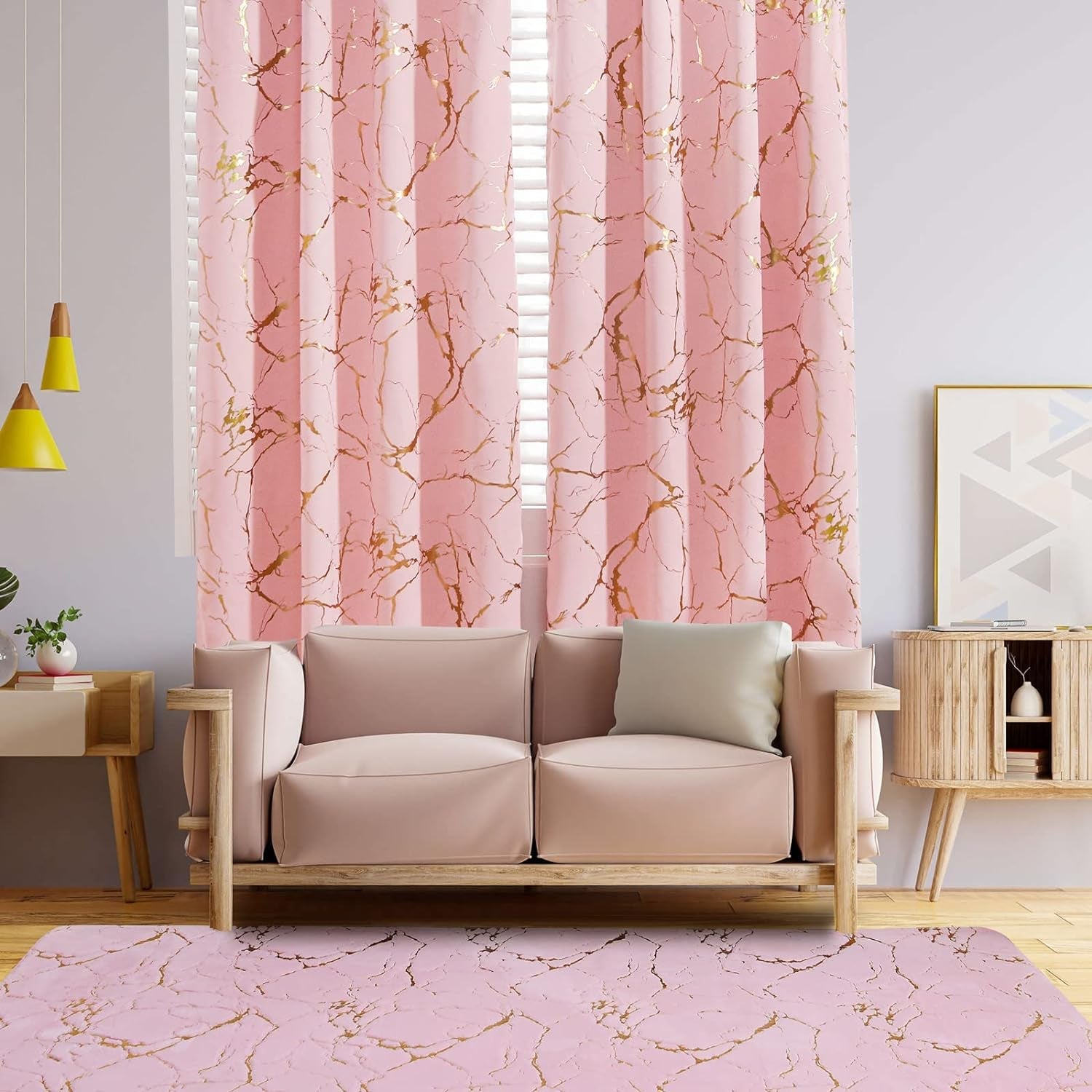 Aimuan Blush Gold Foil Curtains Printed Marble Grommet Blackout Curtain Panels Golden Metallic Glitter Drapery Window Drapes Valances for Bedroom Living Room, Pink 42X84