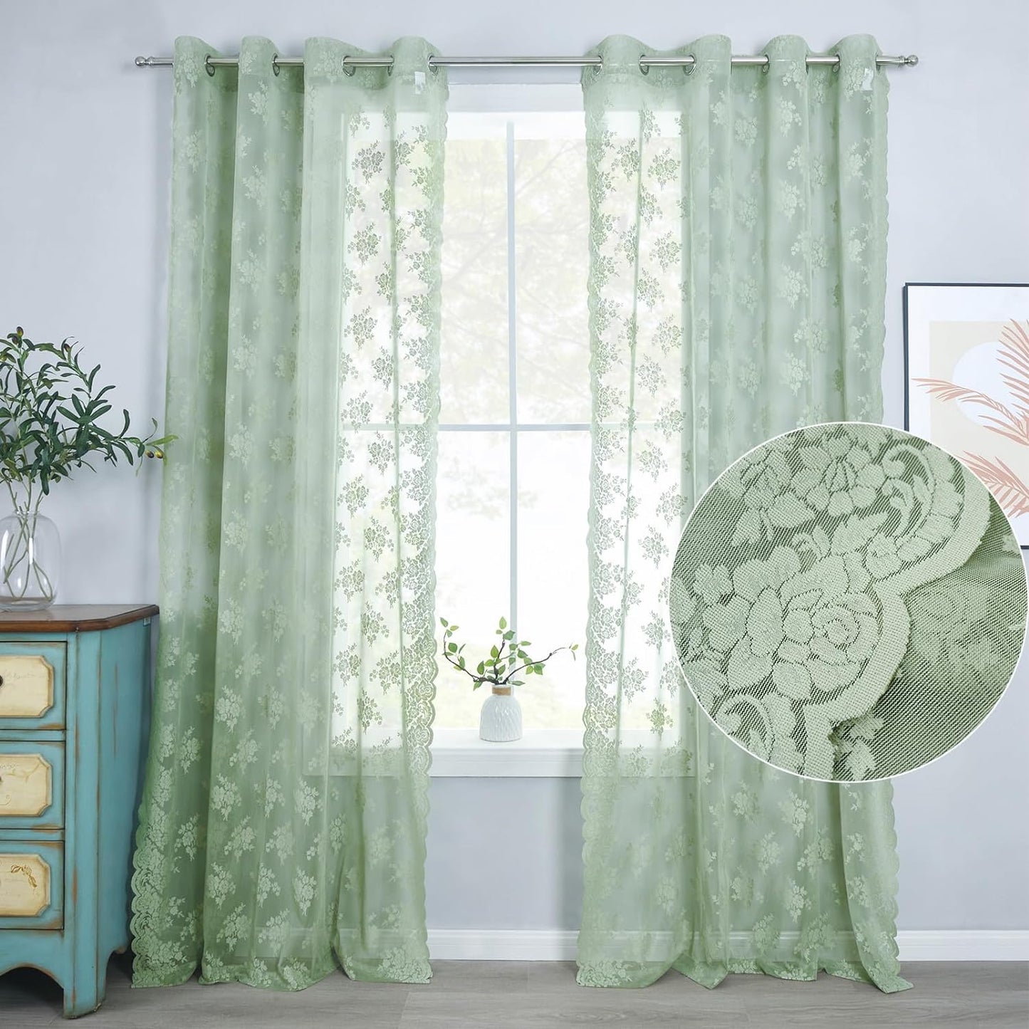 Kotile Sage Green Sheer Valance Curtain for Windows, Rustic Floral Spring Sheer Window Valance Curtain 18 Inch Length, Light Filtering Rod Pocket Lace Valance, 52 X 18 Inch, 1 Panel, Sage Green  Kotile Textile Sage Green 52 In X 63 In Grommet 