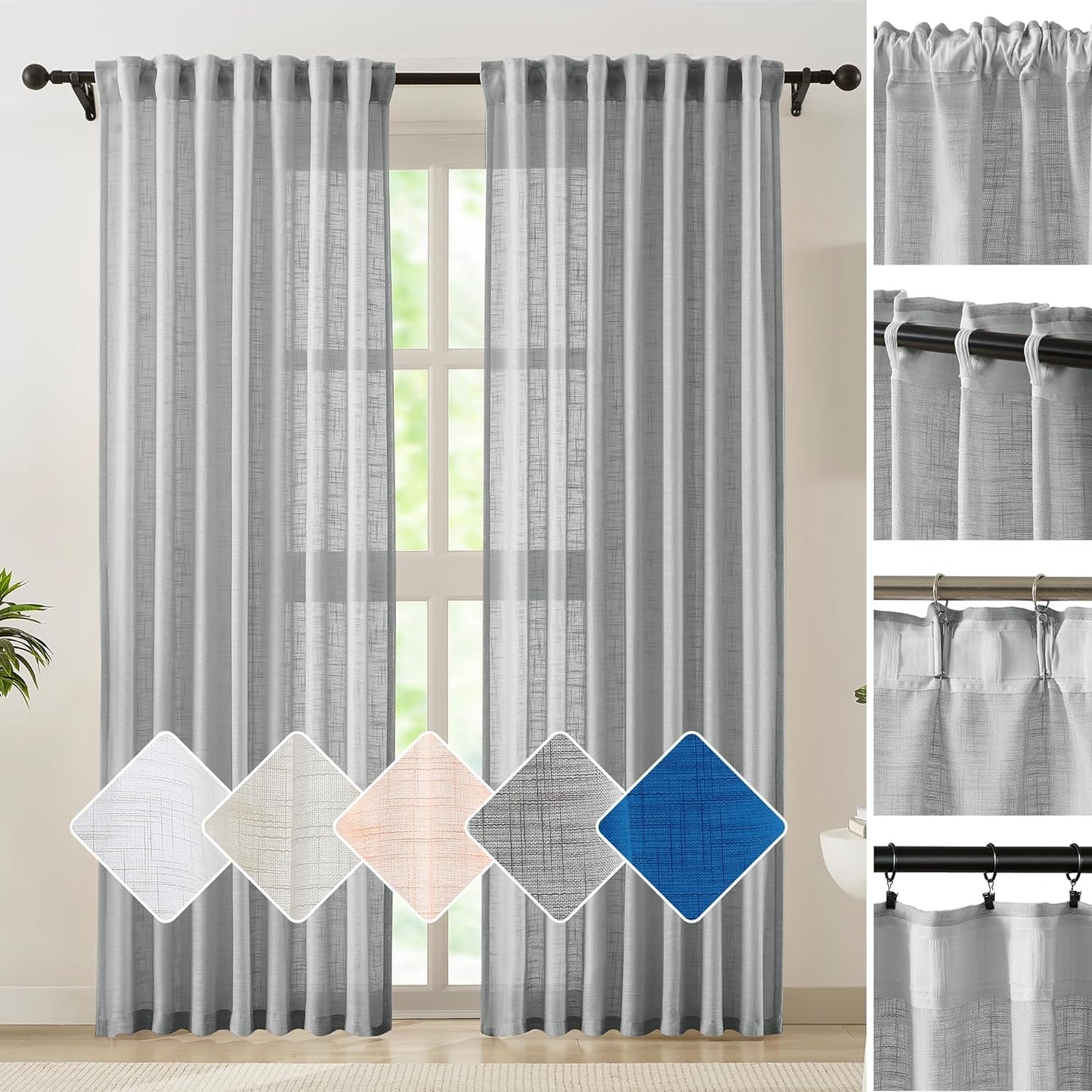 FMFUNCTEX Natural Semi-Sheer Curtains for Living Room Rich Linen Textured Look Window Curtain Draperies 52”W X63”L 2 Panels Grommet Top  Fmfunctex Multi Top - Grey 52" X 96" 2Pcs 