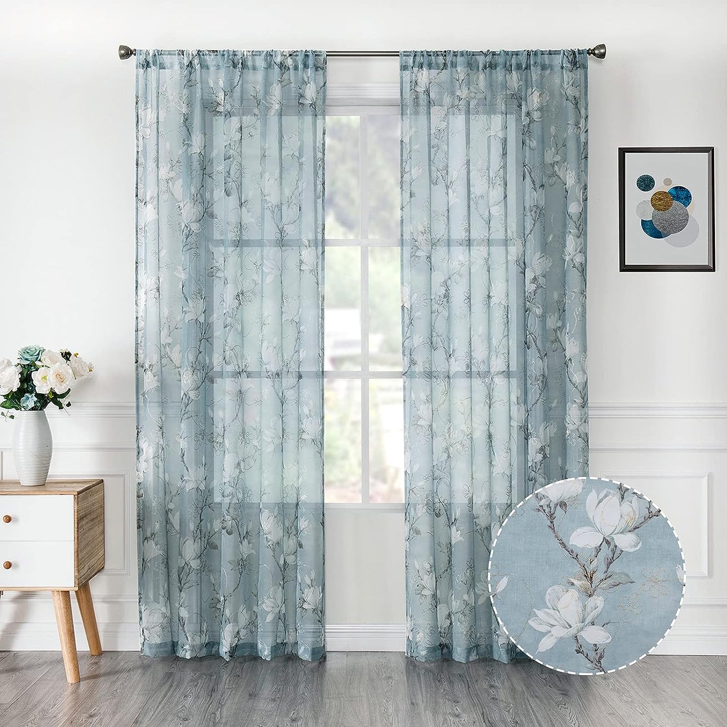 Tollpiz Floral White Sheer Curtain Flower Print Vine Embroidery Bedroom Curtains Rod Pocket Voile Window Curtain for Living Room, 54 X 84 Inches Long, Set of 2 Panels  Tollpiz Tex Blue 54"W X 84"L 