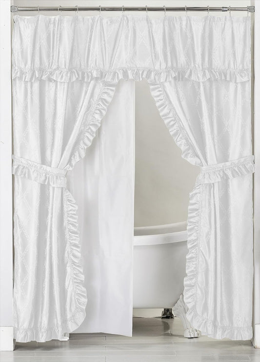 Double Swag Ruffled Fabric Shower Curtain Set, Intersected Leaves Pattern, PEVA Liner and Roller Rings (White)