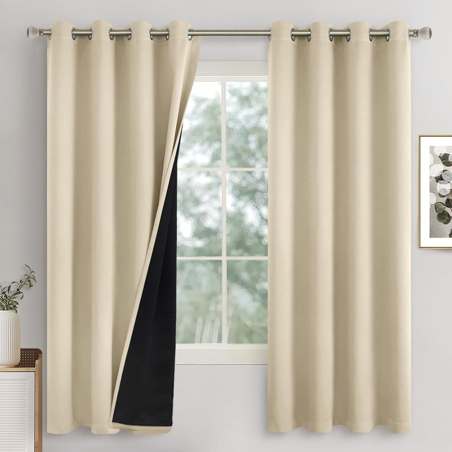 QUEMAS Short Blackout Curtains 54 Inch Length 2 Panels, 100% Light Blocking Thermal Insulated Soundproof Grommet Small Window Curtains for Bedroom Basement with Black Liner, Each 42 Inch Wide, White  QUEMAS Beige + Black Lining W52 X L63 