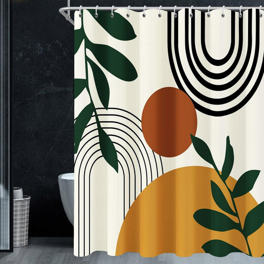Shower Curtain Boho Shower Curtains for Bathroom Mid Century Moon Leaf Shower Curtains Sets Beige Modern Minimalistic Plant Shower Curtain Leaves 72X72 with 12 Hooks