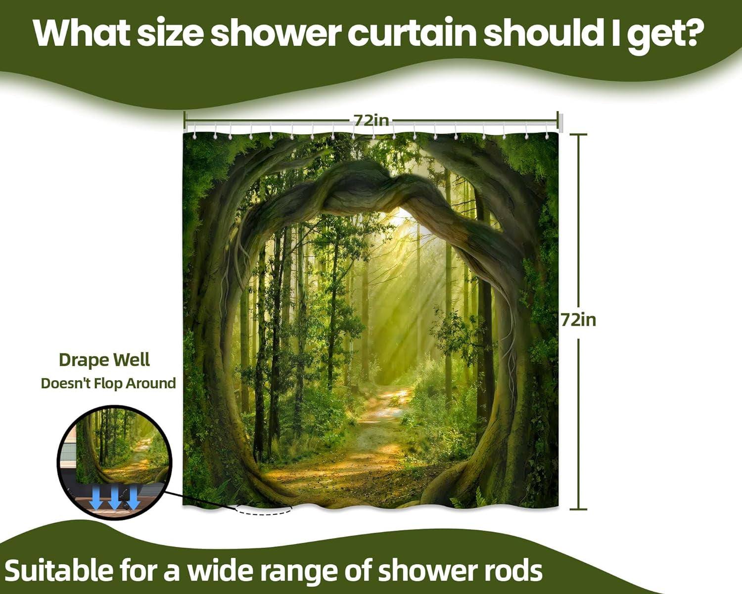 Enchanted Forest Shower Curtain, Green Tree Nature Shower Curtains for Bathroom Decor Outdoor Scenery Spring Scenic Landscape Bath Curtain, Waterproof Polyester Fabric with Hooks, 72X72In