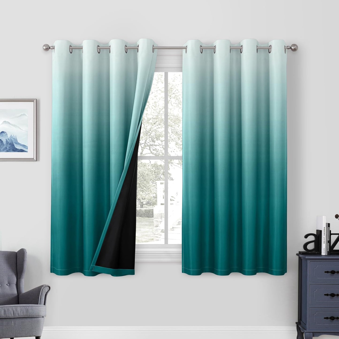 HOMEIDEAS 100% Black Ombre Blackout Curtains for Bedroom, Room Darkening Curtains 52 X 84 Inches Long Grommet Gradient Drapes, Light Blocking Thermal Insulated Curtains for Living Room, 2 Panels  HOMEIDEAS Teal 2 Panel-52" X 63" 