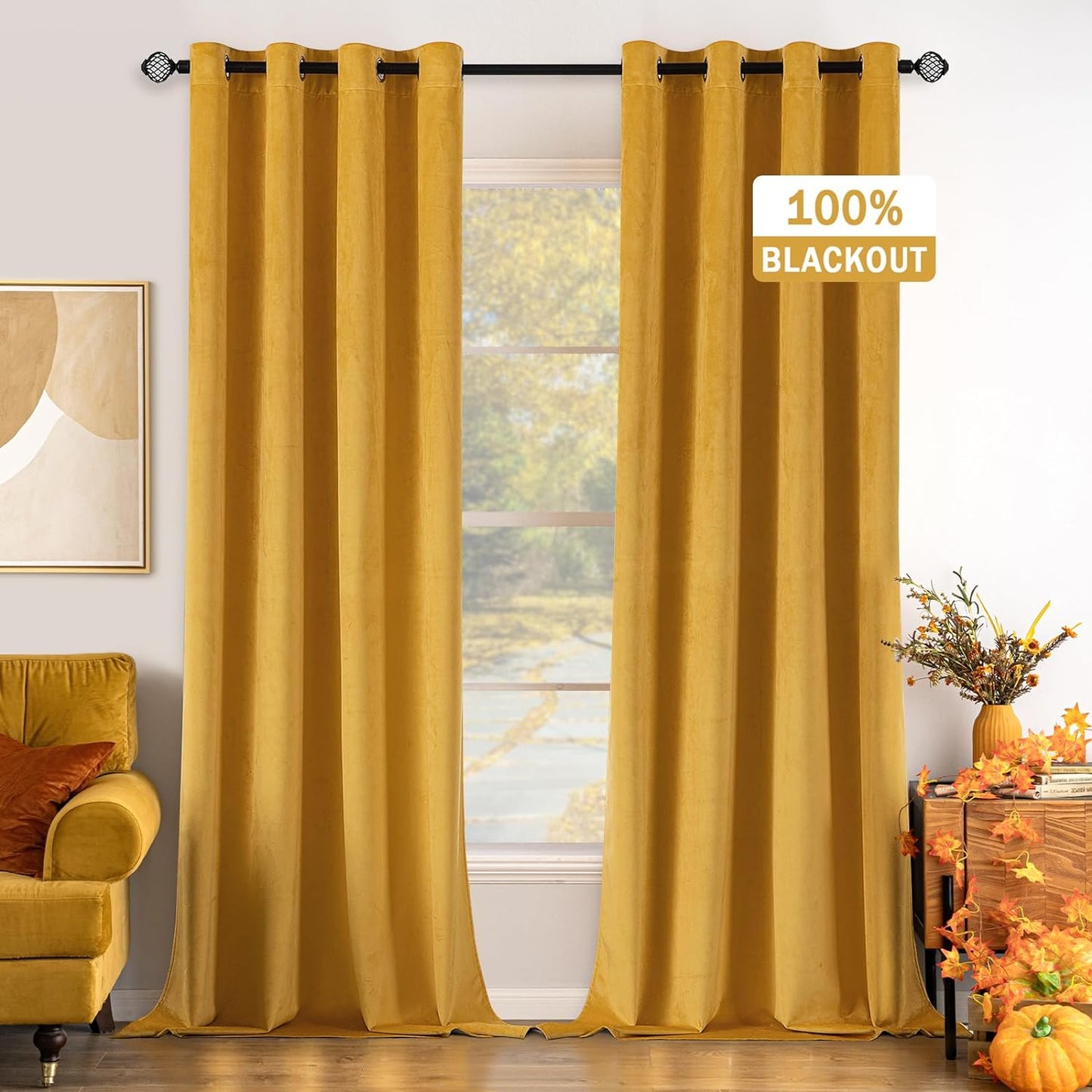 EMEMA Olive Green Velvet Curtains 84 Inch Length 2 Panels Set, Room Darkening Luxury Curtains, Grommet Thermal Insulated Drapes, Window Curtains for Living Room, W52 X L84, Olive Green  EMEMA 100 Blackout/ Yellow W52" X L96" 