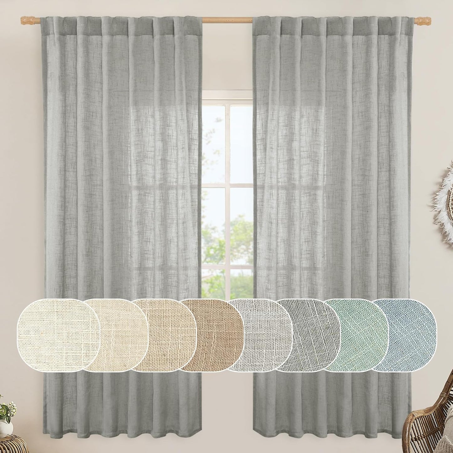 LAMIT Natural Linen Blended Curtains for Living Room, Back Tab and Rod Pocket Semi Sheer Curtains Light Filtering Country Rustic Drapes for Bedroom/Farmhouse, 2 Panels,52 X 108 Inch, Linen  LAMIT Grey 52W X 72L 