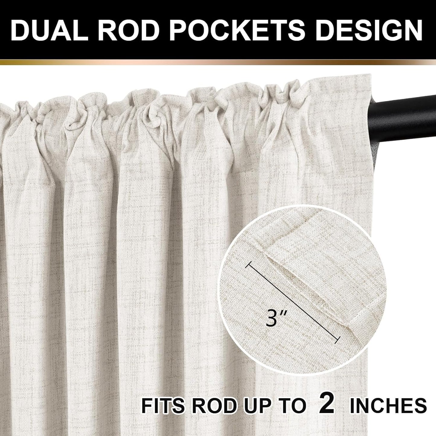 100% Blackout Shield Blackout Curtains for Bedroom 84 Inch Length 2 Panels Set, Clip Rings/Rod Pocket Faux Linen Blackout Curtains, Thermal Insulated Curtains for Living Room, Beige, 50Wx84L  100% Blackout Shield   