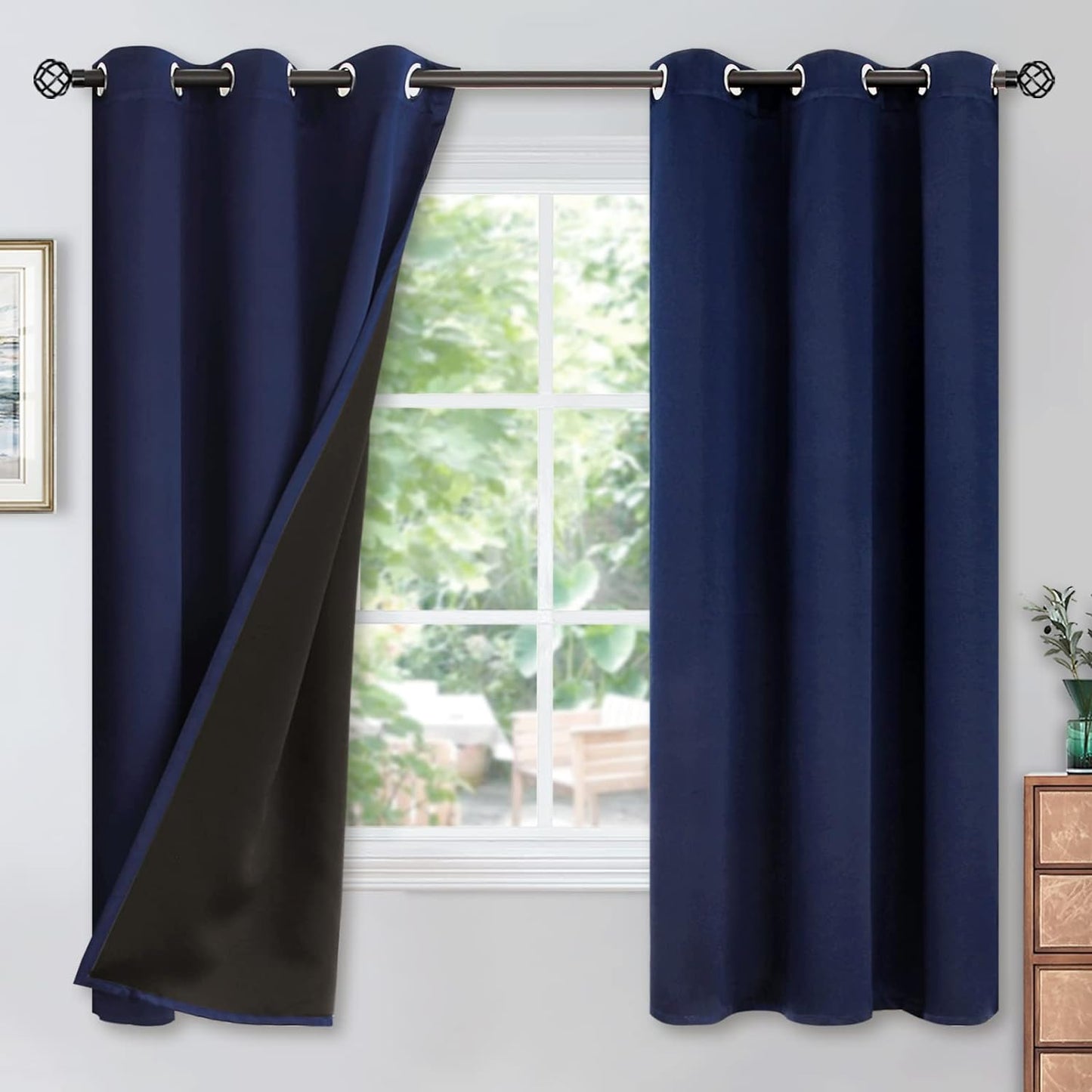 Youngstex Black 100% Blackout Curtains 63 Inches for Bedroom Thermal Insulated Total Room Darkening Curtains for Living Room Window with Black Back Grommet, 2 Panels, 42 X 63 Inch  YoungsTex Navy 42W X 63L 
