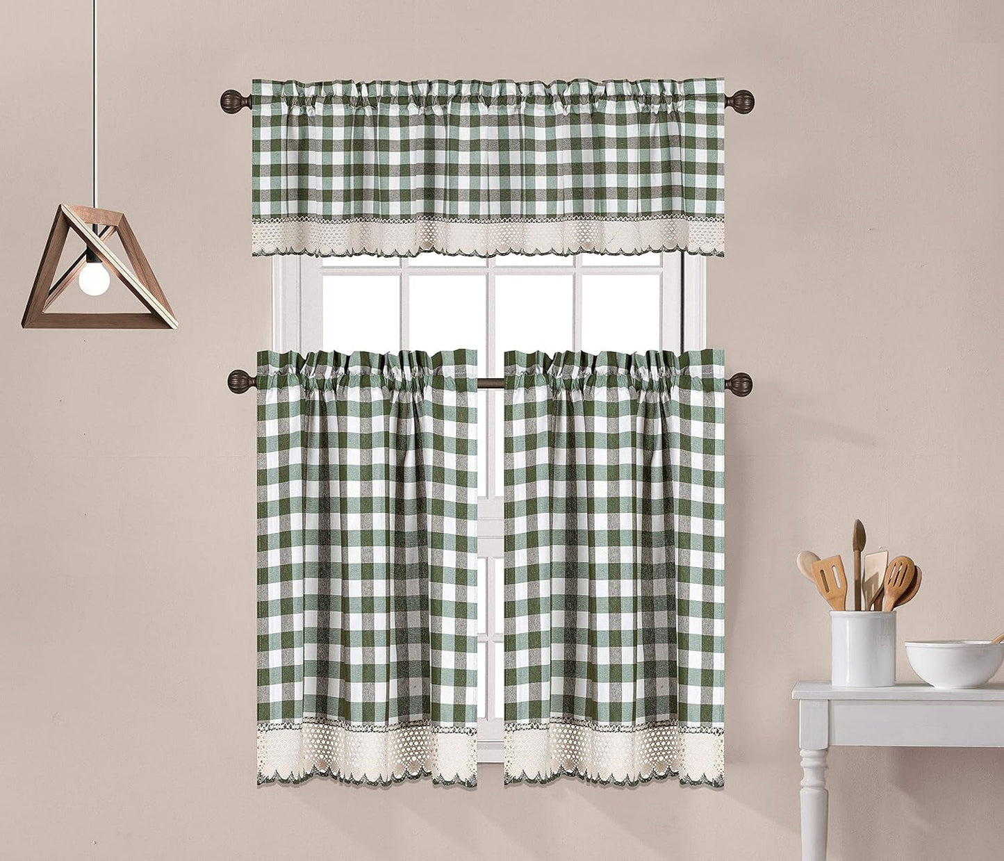 3 Piece Buffalo Check Plaid Gingham Crochet Lace Trimmed Kitchen Window Curtain Tiers & Valance Set (36" Tiers with 14" Valance, Navy/Beige)