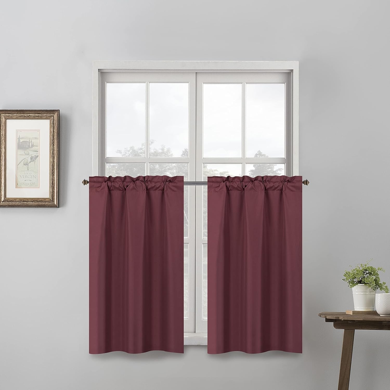 3 Piece Window Curtain Set Tiers and Valance, Solid Blackout for Kitchen Living Room; Thermal Insulated Panel Room Darkening Drape (Burgundy)