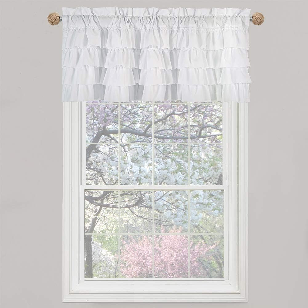 White Ruffle Kitchen Window Curtains-Small Windows Curtain for Bathroom, 45 Inch Length Sets Short Cafe Panels (Set of 2)  WestWeir Design White Valance 54"W X 18"L-2 Panels 