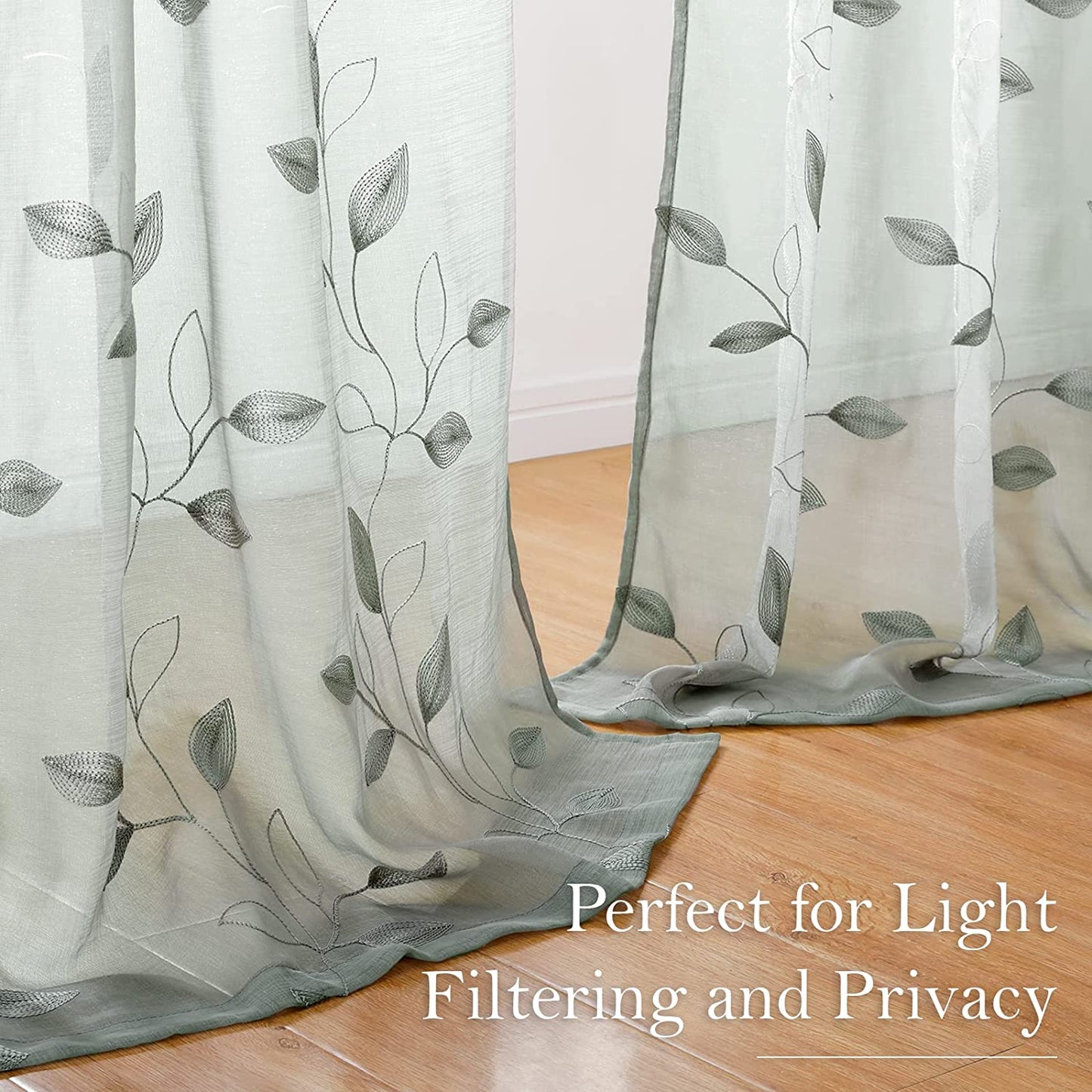 HOMEIDEAS Sage Green Sheer Curtains 52 X 63 Inches Length 2 Panels Embroidered Leaf Pattern Pocket Faux Linen Floral Semi Sheer Voile Window Curtains/Drapes for Bedroom Living Room  HOMEIDEAS   