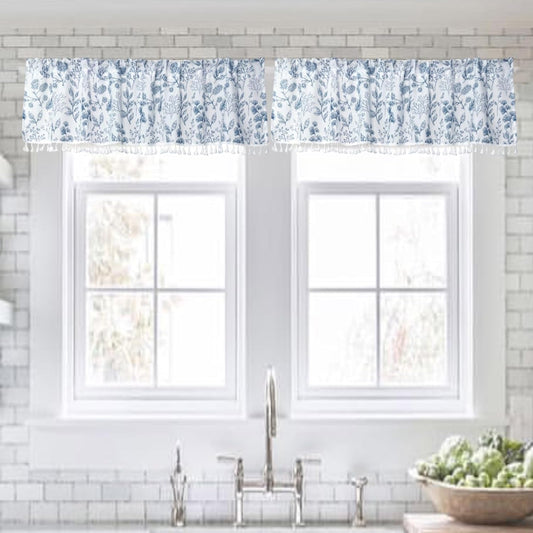 2 Pack White Tassels Valance for Windows Leaf Printed Semi Sheer Rod Pocket Kitchen Valance for Bedroom Bathroom Small Window Curtains Toppers 54 X 17 Inches