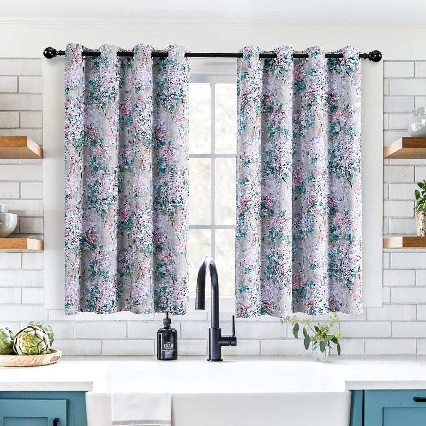 MYSKY HOME Floral Blackout Curtains 84 Inches Long 2 Panels Pink and Blue Floral Thermal Insulated Ink Vintage Flower Printed Window Grommet for Bedroom Living Room  MYSKYTEX A-Green  Pink 52''W X 45''L 
