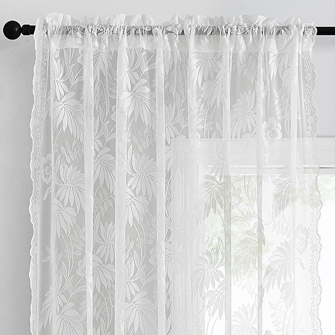 Kotile Lace Curtains 72 Inch Length - Embroidery Natural Palm Leaf Floral White Lace Curtains for Bedroom, Rod Pocket Privacy Sheer Scalloped Lace Window Curtains 2 Panels Set, 52 X 72 Inch, White  Kotile Textile   