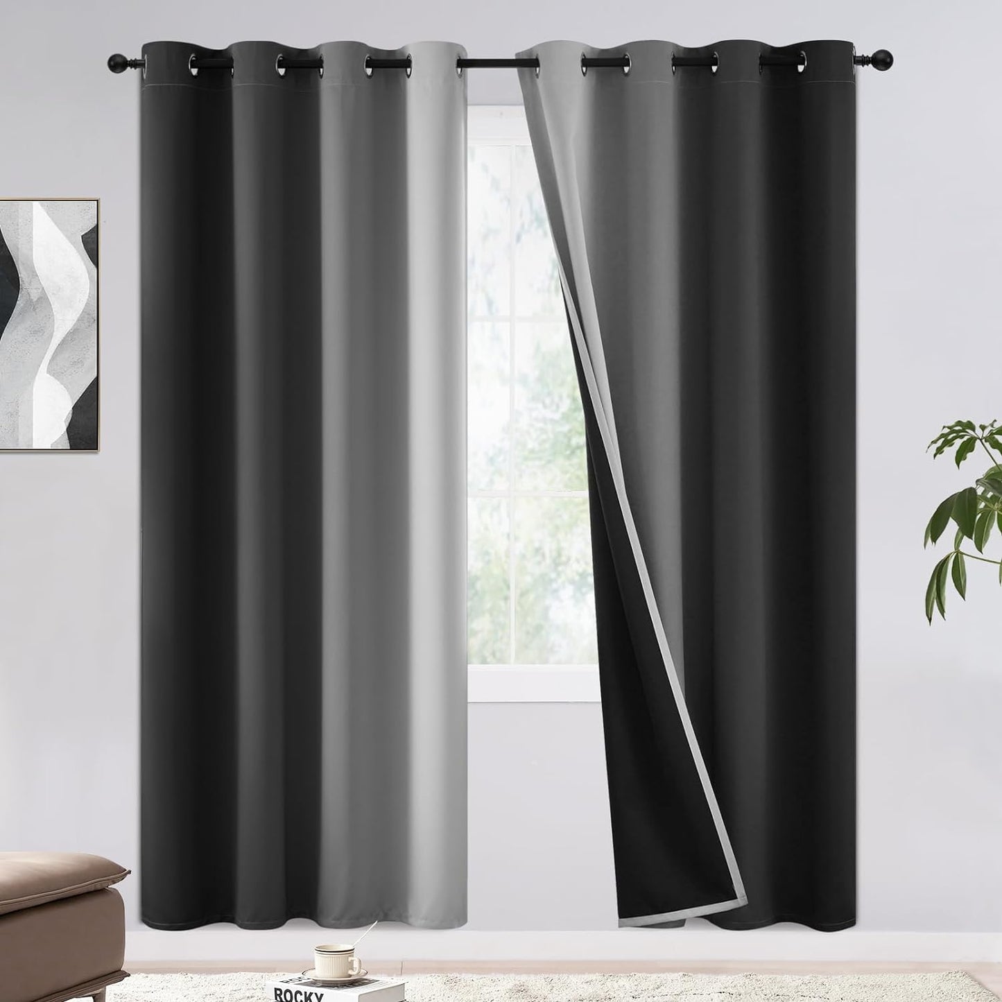 COSVIYA 100% Blackout Curtains & Drapes Ombre Purple Curtains 63 Inch Length 2 Panels,Full Room Darkening Grommet Gradient Insulated Thermal Window Curtains for Bedroom/Living Room,52X63 Inches  COSVIYA Black To Greyish White 52W X 72L 
