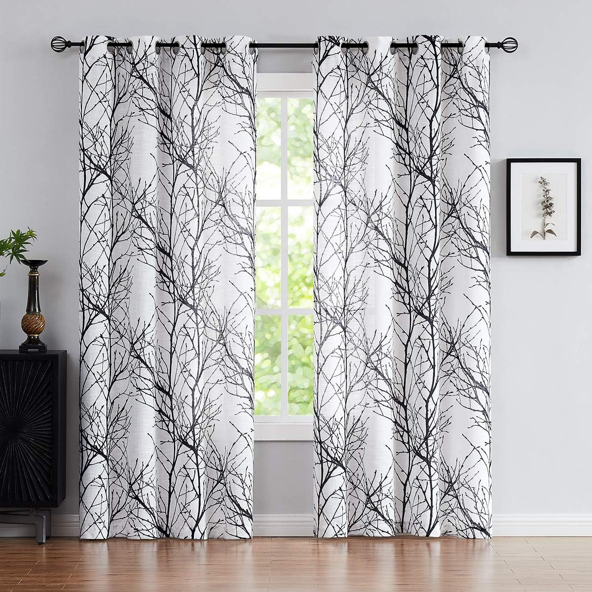 FMFUNCTEX Blue White Curtains for Kitchen Living Room 72“ Grey Tree Branches Print Curtain Set for Small Windows Linen Textured Semi-Sheer Drapes for Bedroom Grommet Top, 2 Panels  Fmfunctex Black 50" X 84" |2Pcs 