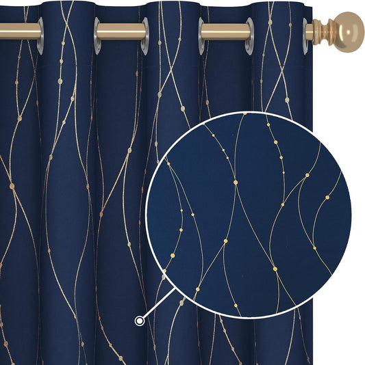 Deconovo Living Room Curtains 84 Inches Long, Blackout Curtains for Bedroom - Navy Blue and Gold Curtains with Pattern, Grommet Room Darkening Drapes (52W X 84L Inch, Navy Blue, 2 Panels)  Deconovo Navy Blue/Gold W52 X L72 