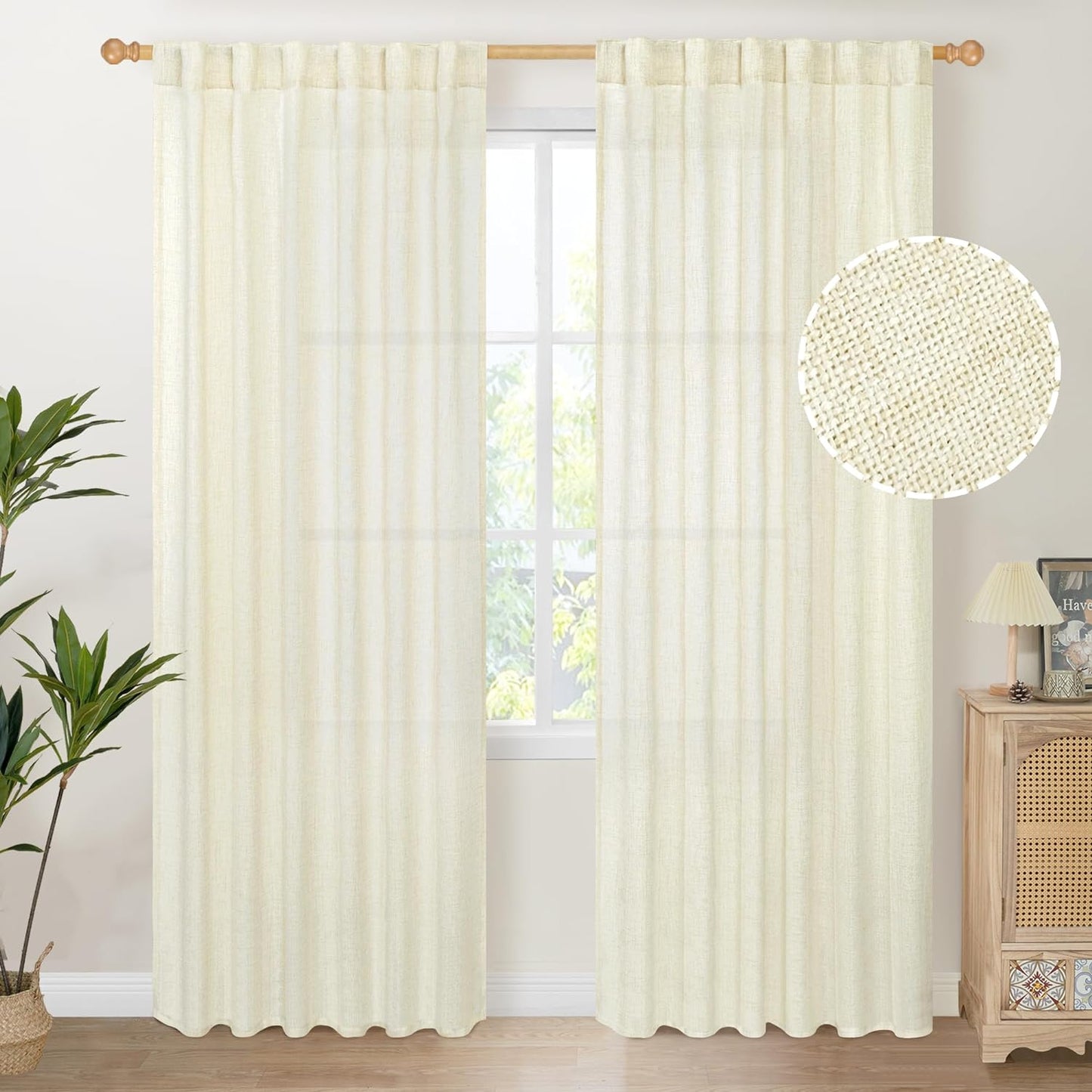 Youngstex Natural Linen Curtains 72 Inch Length 2 Panels for Living Room Light Filtering Textured Window Drapes for Bedroom Dining Office Back Tab Rod Pocket, 52 X 72 Inch  YoungsTex Cream 52W X 84L 