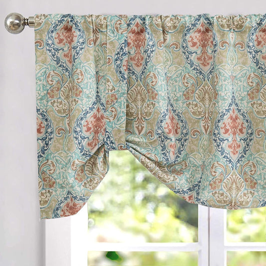 Jinchan Linen Valance Curtain Tie up Green Valance for Kitchen Windows Vintage Floral Damask Printed Valance with Adjustable Tie Medallion Small Window Curtain Rod Pocket 20 Inch Long 1 Panel