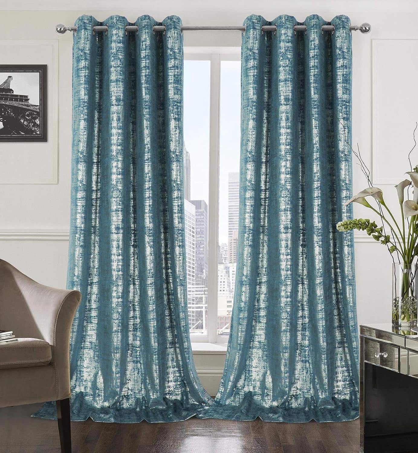 Always4U Soft Velvet Curtains 95 Inch Length Luxury Bedroom Curtains Gold Foil Print Window Curtains for Living Room 1 Panel White  always4u Teal (Silver Print) 2 Panels: 52''W*108''L 