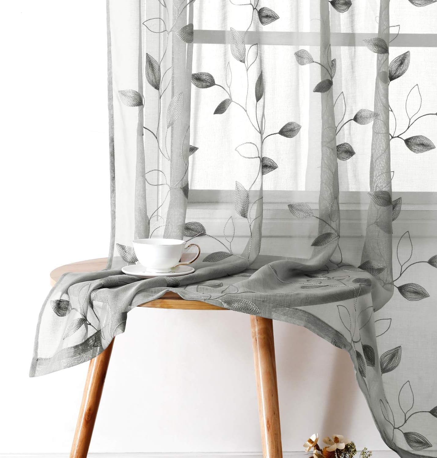 HOMEIDEAS Sage Green Sheer Curtains 52 X 63 Inches Length 2 Panels Embroidered Leaf Pattern Pocket Faux Linen Floral Semi Sheer Voile Window Curtains/Drapes for Bedroom Living Room  HOMEIDEAS 3-Grey W52" X L63" 