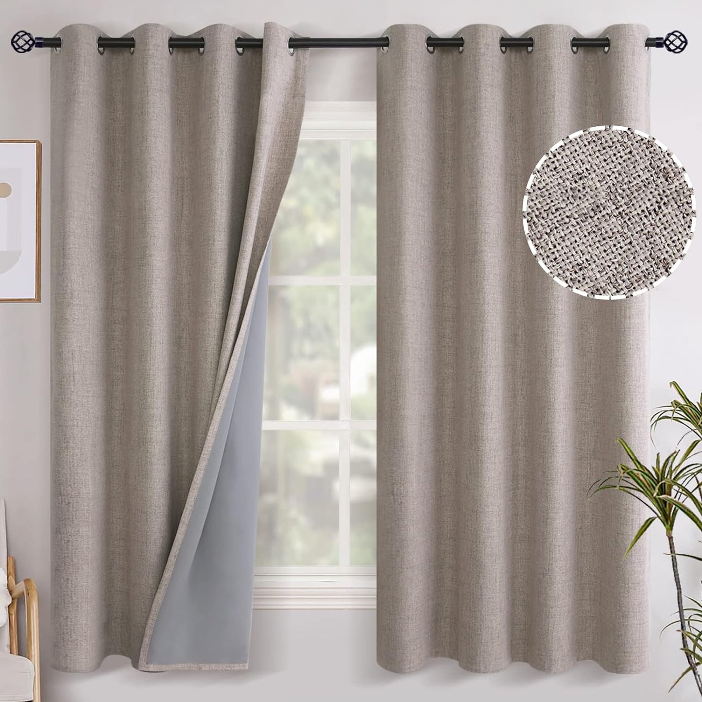 Youngstex Linen Blackout Curtains 63 Inch Length, Grommet Darkening Bedroom Curtains Burlap Linen Window Drapes Thermal Insulated for Basement Summer Heat, 2 Panels, 52 X 63 Inch, Beige  YoungsTex Burlap 52W X 63L 