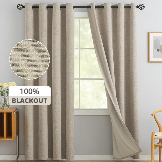 Yakamok Natural Linen Curtains 100% Blackout 84 Inches Long,Room Darkening Textured Curtains for Living Room Thermal Grommet Bedroom Curtains 2 Panels with Greyish White Liner  Yakamok Natural Linen 52W X 90L / 2 Panels 